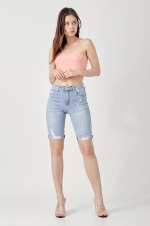 Risen High Rise Distressed Denim Bermuda Shorts