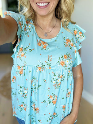 Sunshine Days Floral Print Ruffle Top in Robins Egg