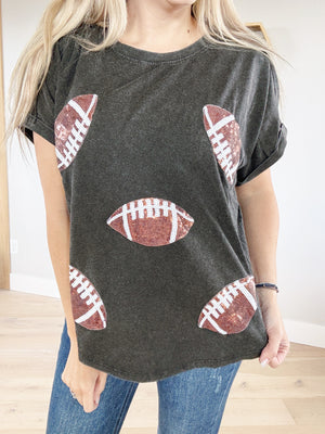 Game On Football Sequin Embroidery Vintage Washed Top