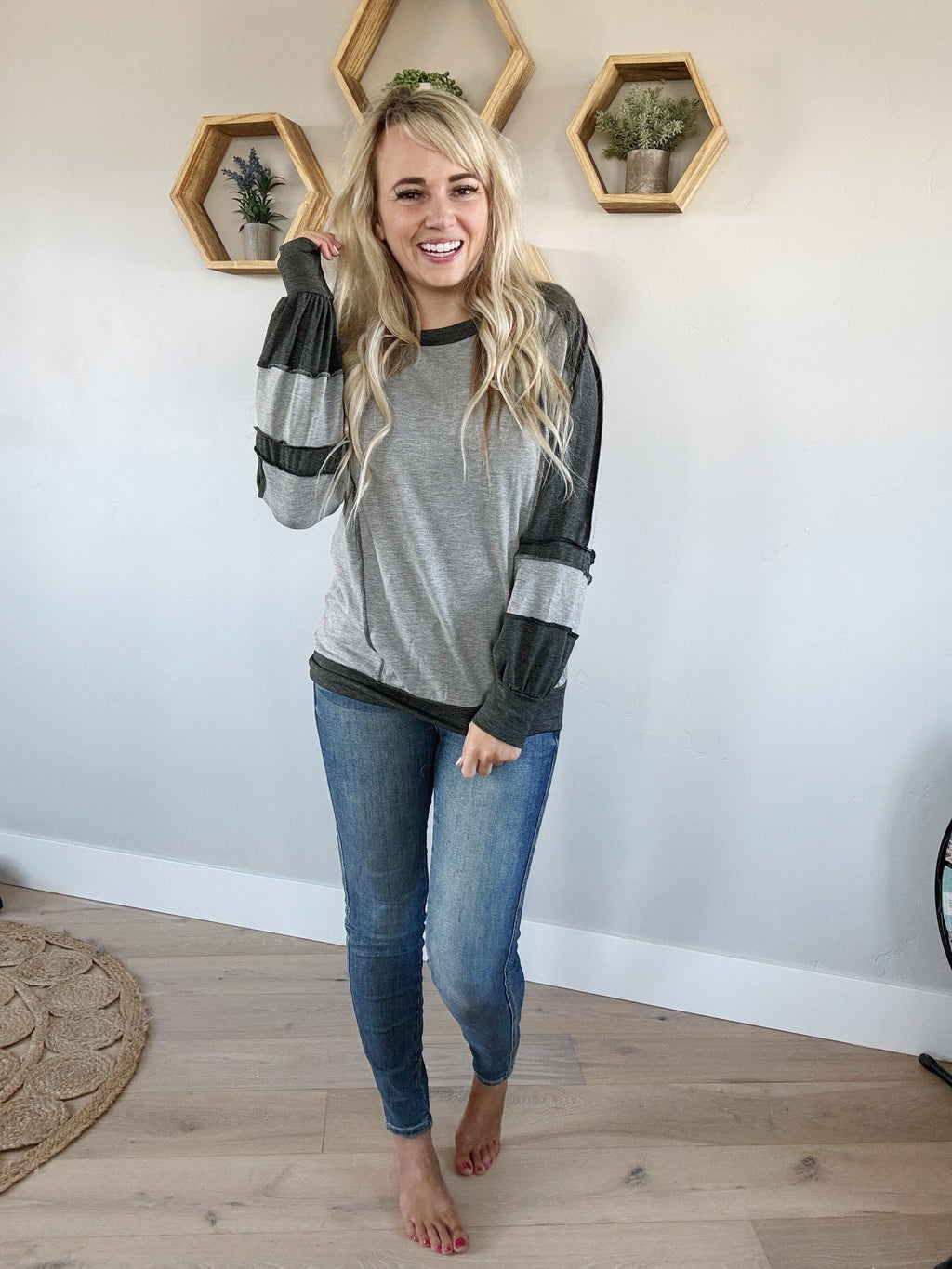 Unbelievable Plaid Contrast Top in Heather Gray