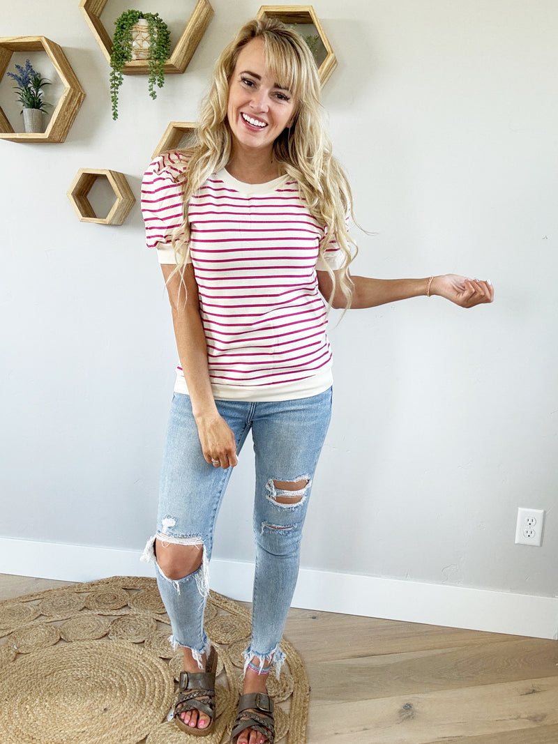 Committed Striped Puff Sleeve Top in Cream & Fuchsia
