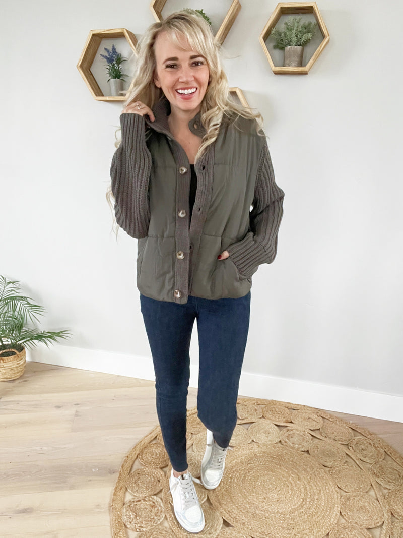 Precious Time Button Down Padded Sweater Jacket in Olive