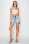 Risen High Rise Frayed Detail Denim Shorts