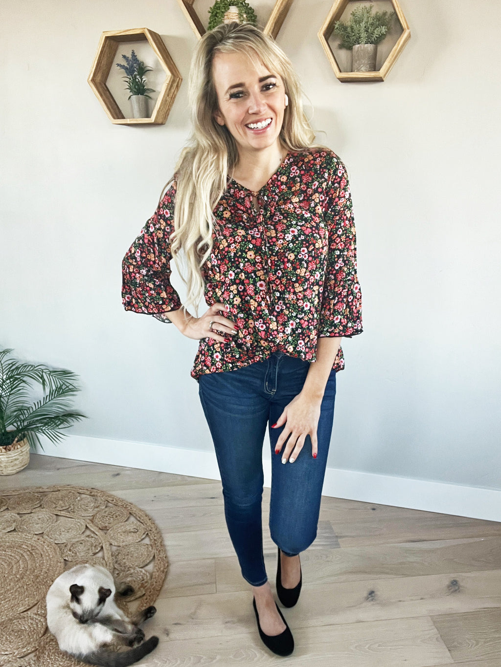 Wanna Go Floral Short Sleeve Ruffle Top in Black