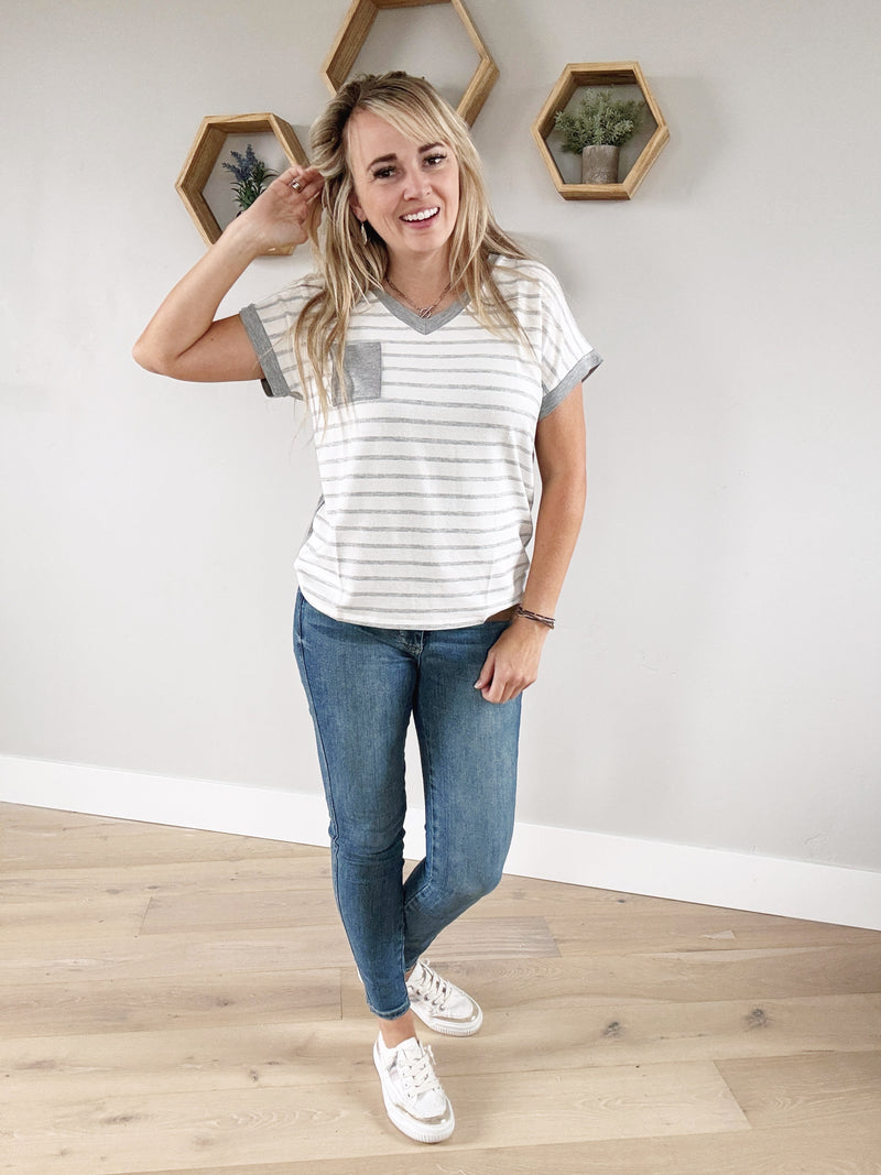 Only One for Me Striped Short Sleeve in Ivory and Heather Gray