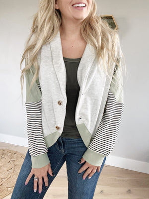 Cute & Cozy Striped Contrast Color Block Shawl Collar Cardigan in Mint and Oatmeal