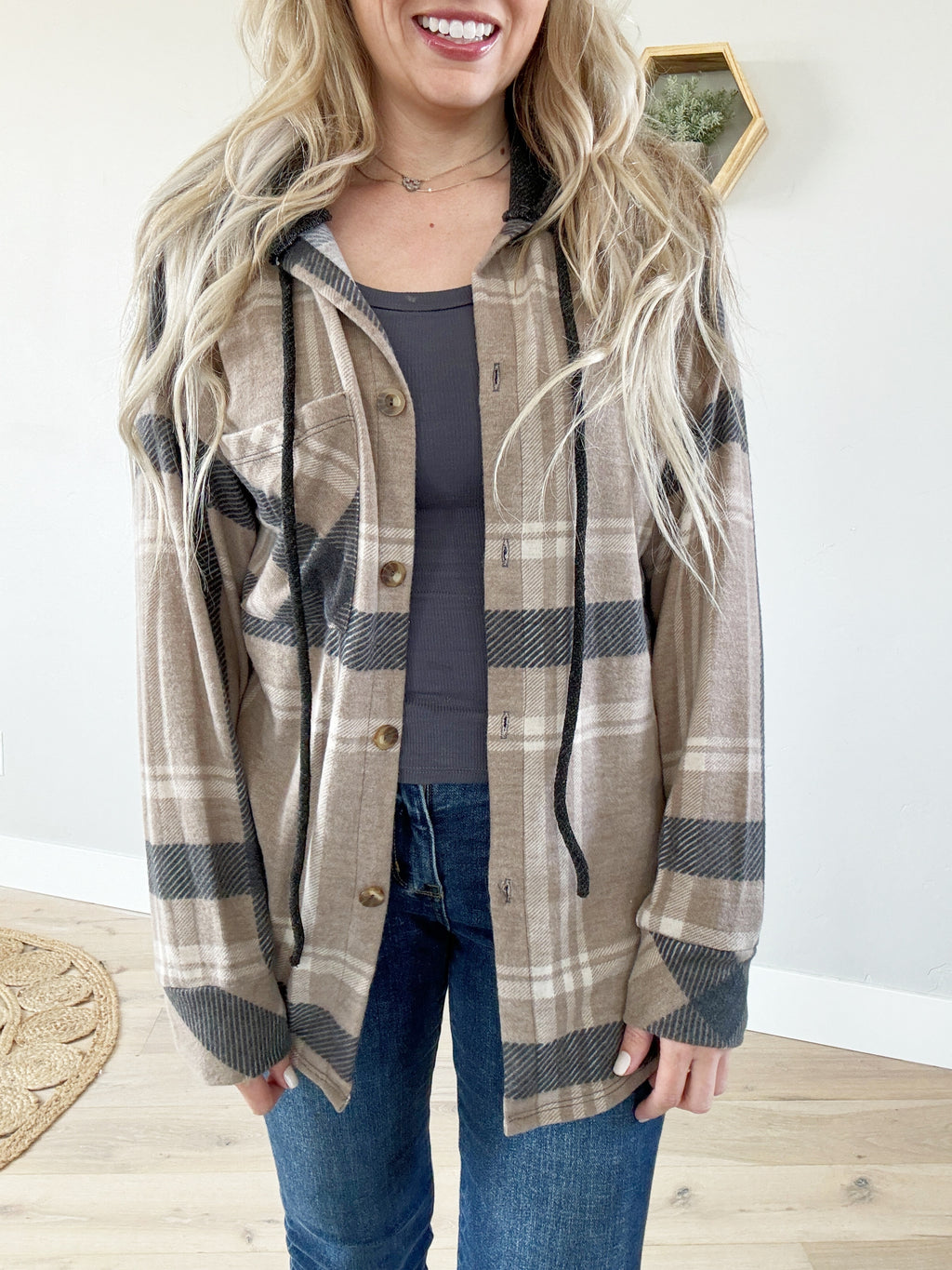 Something in the Air Plaid Button Down Hooded Shacket in Mocha Black