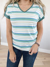 My Style V-Neck Multi-Striped Top in Blue