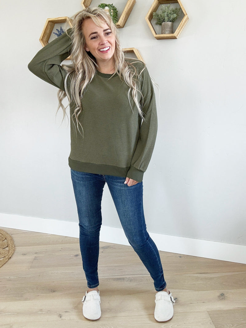 Watch Me Long Sleeve Knit Top in Olive