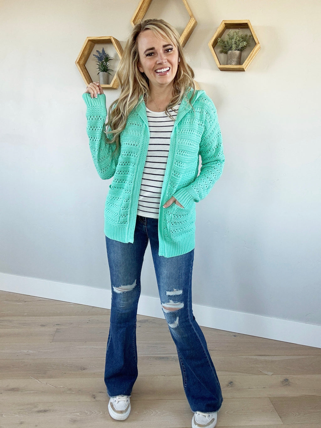 Made You Look Crochet Hoodie Cardigan in Mint