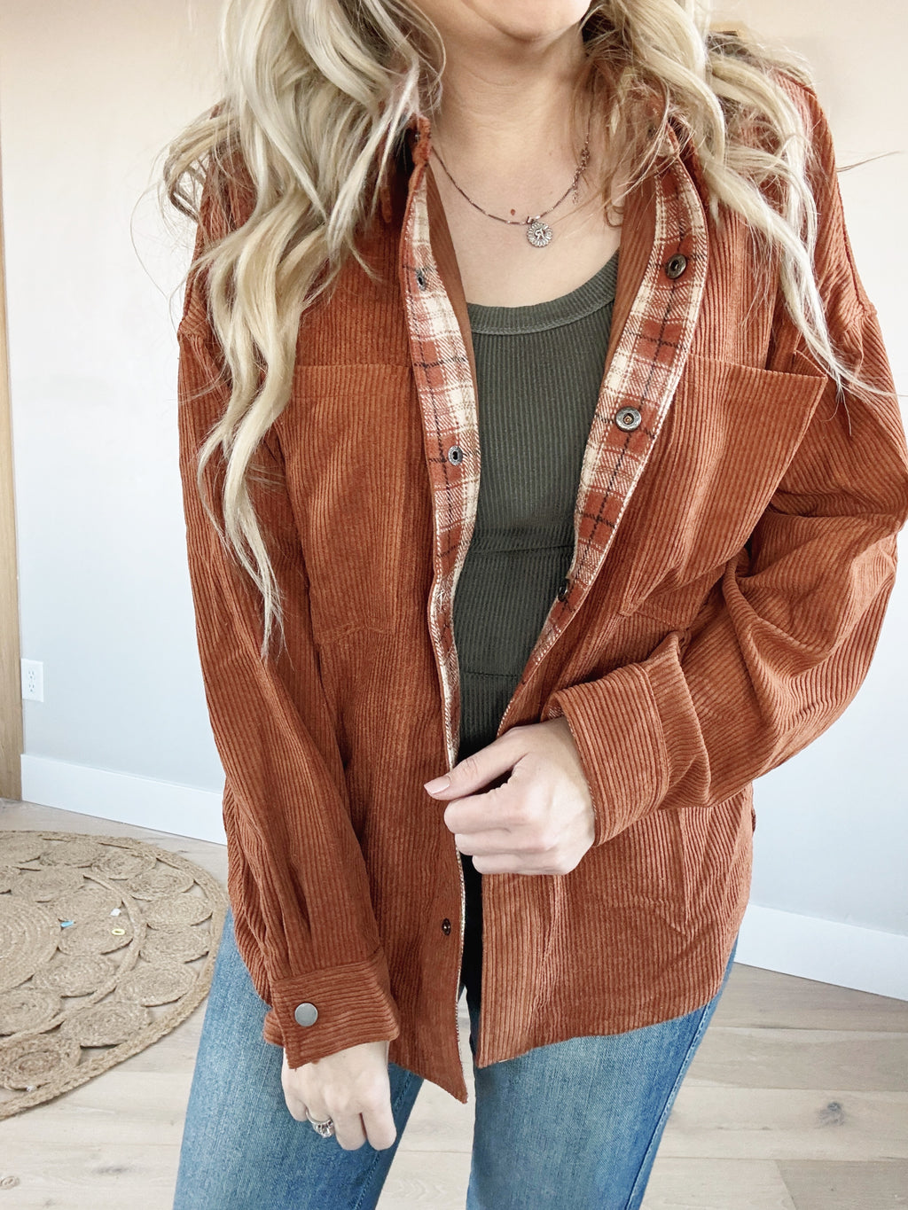 Fall Feels Oversized Corduroy Shacket with Plaid Contrast in Rust