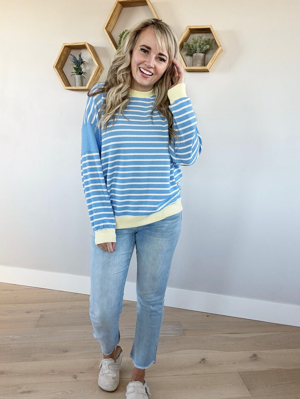 Uptown Girl Striped Long Sleeve in Blue and Banana