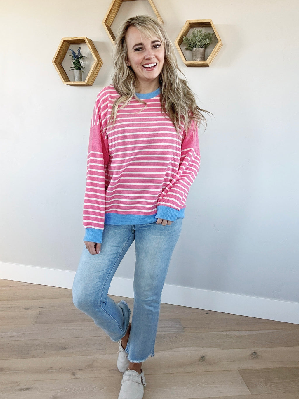 Uptown Girl Striped Long Sleeve in Pinkberry and Blue