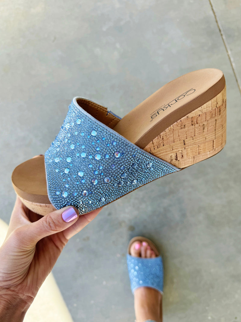 Corky’s Wedge Sandal in Sparkly Blue