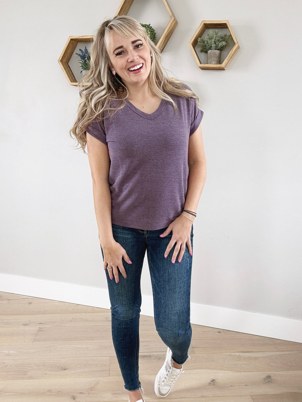 Love Shack V-Neck French Terry Top In Eggplant