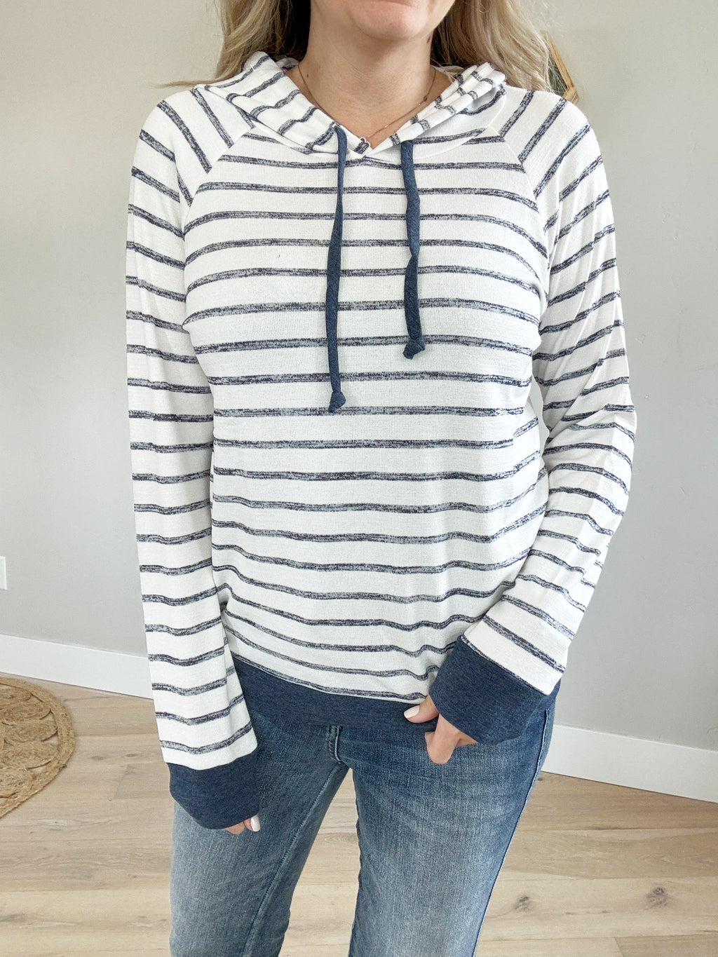 Showoff Striped Hooded Top in Navy