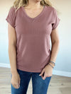 Wanted V-Neck Pointelle Knit Top in Dusty Rose