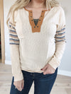 Suddenly Chic Striped Contrast Grommet Henley in Cream