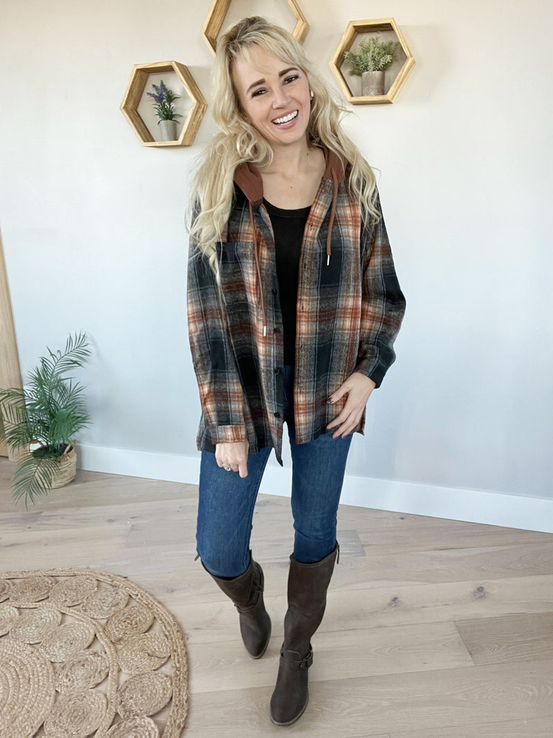 Heartfelt Plaid Hooded Top in Black and Pecan (SALE)