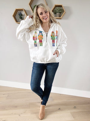 Enchanting Nutcrackers Embroidery Christmas Zip-Up Hoodie in Off-White