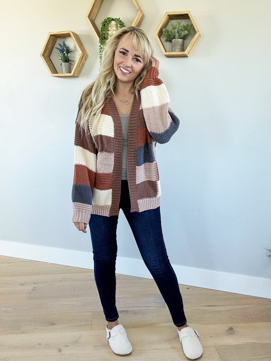 Seize the Day Checker Block Sweater Cardigan in Mocha Brown