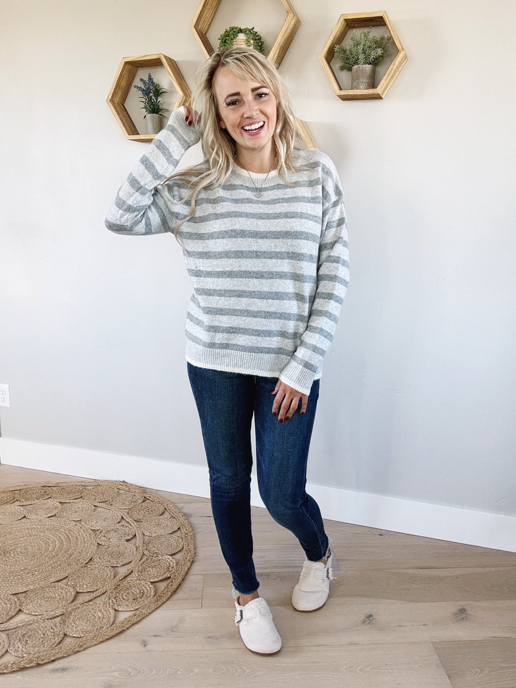 Down With That Striped Sweater in Heather Gray