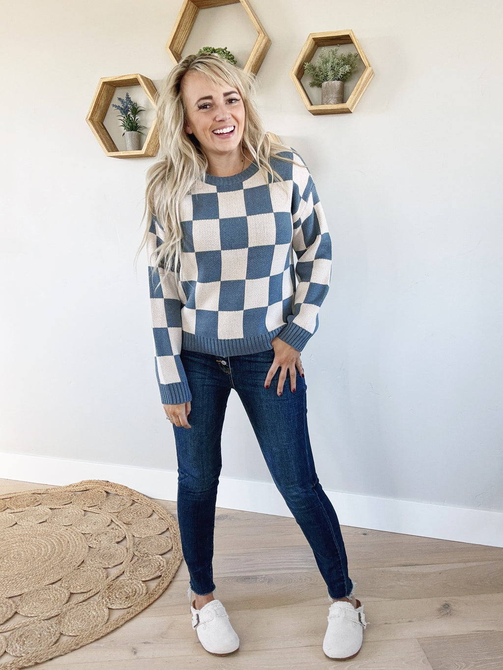 Progression Checker Print Crew Neck Sweater in Blue