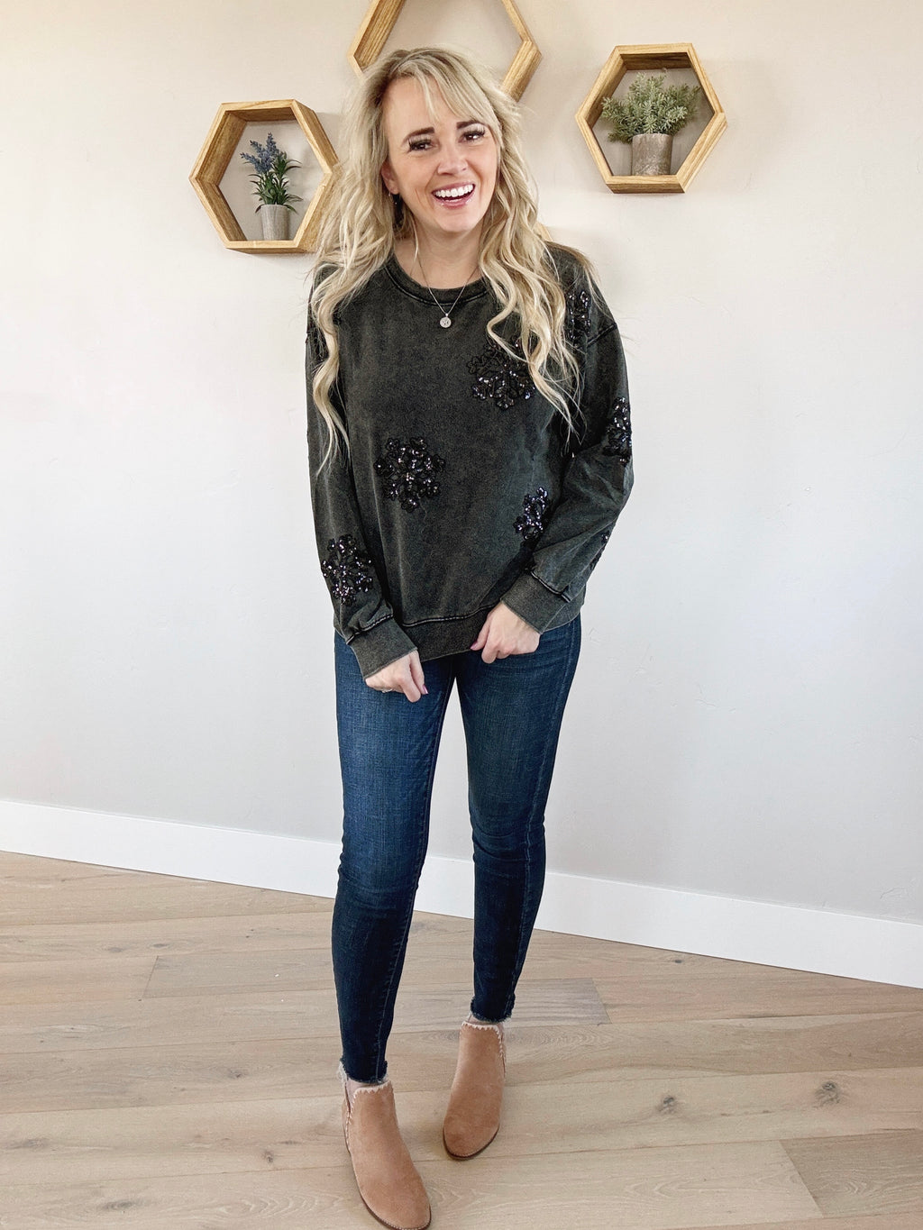 Snowflake Long Sleeve Top in Black