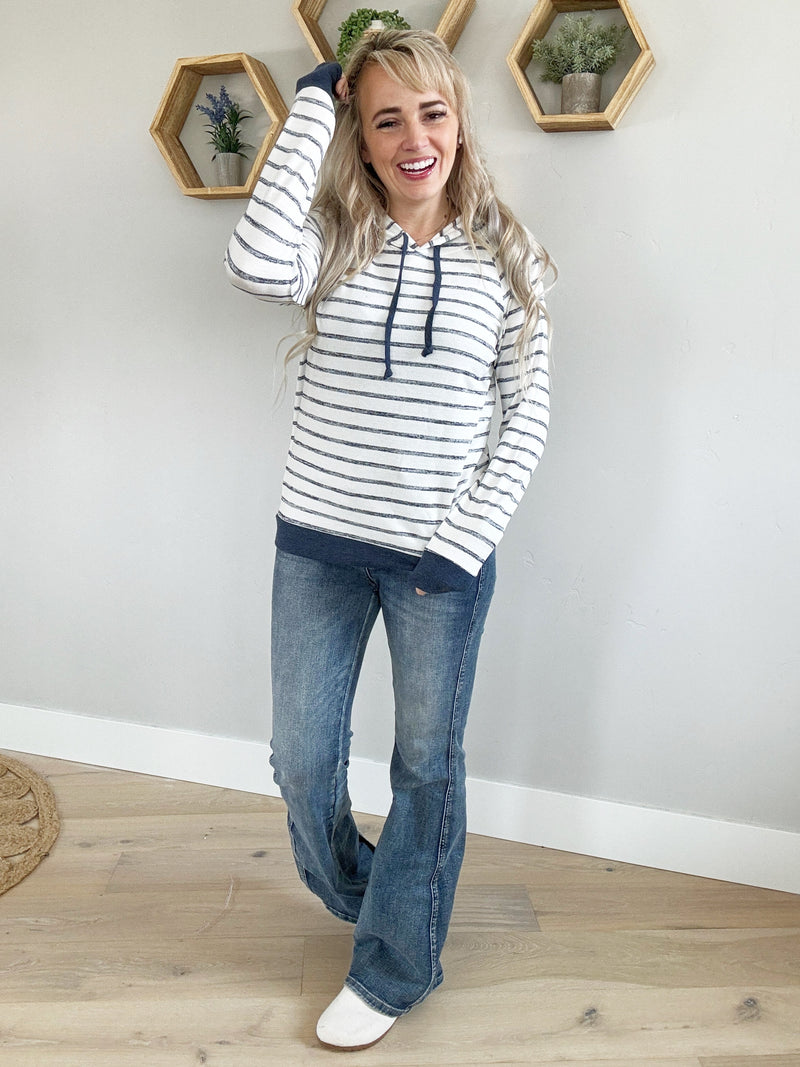 Showoff Striped Hooded Top in Navy