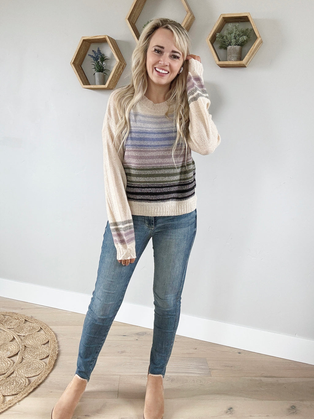 Dangerous Multi Color Striped Balloon Sleeve Sweater in Almond Mix