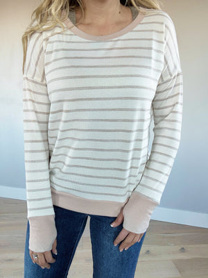 Perfect Match Wide Neck Long Sleeve Striped Top in Ivory and Taupe