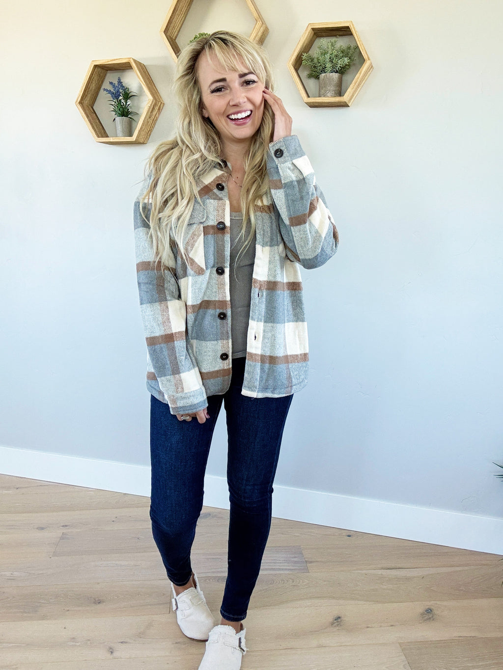 My Favorite Season Plaid Button Down Shacket in Neutral Gray