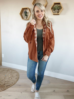 Fall Feels Oversized Corduroy Shacket with Plaid Contrast in Rust