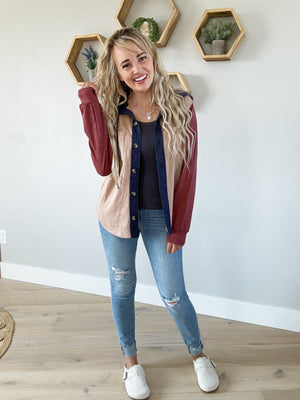 Influencer Color Block Hooded Shacket in Taupe