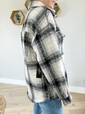 No Worries Plaid Shacket in Black and Cream