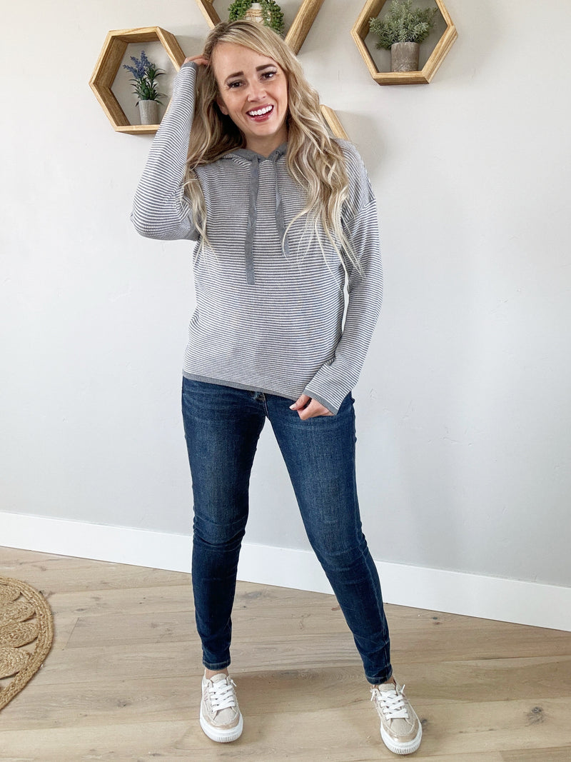 Better Off Striped Hoodie Pullover Sweater in Heather Gray