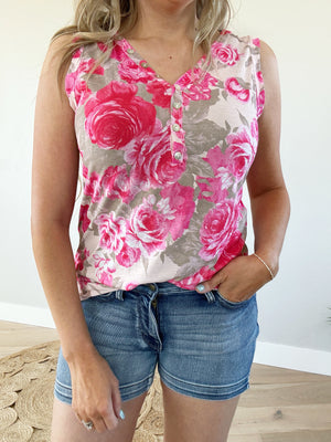 On Vacation Sleeveless Floral Top in Taupe & Fuchsia