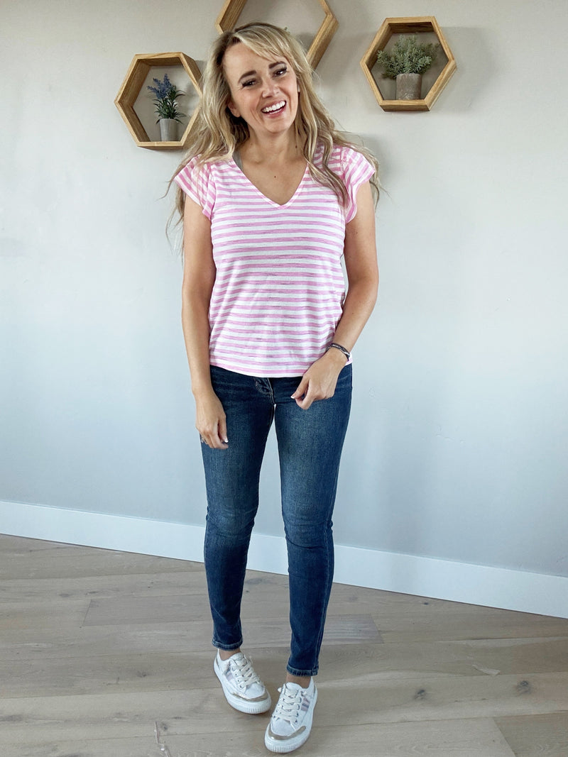 Neighborly V-Neck Striped Top in Pink