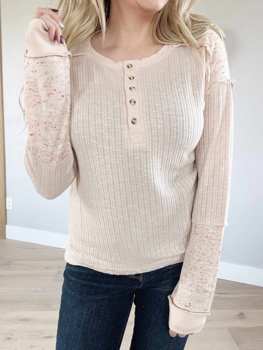 Best Friends Boucle Knit Block Soft Henley in Beige and Blush