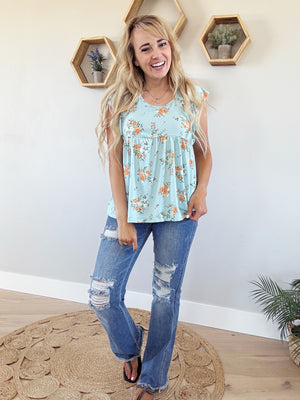 Sunshine Days Floral Print Ruffle Top in Robins Egg