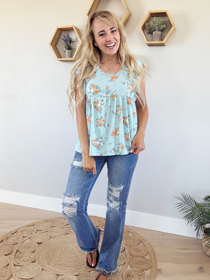 Sunshine Days Floral Print Ruffle Top in Robins Egg