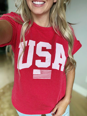 Party in the USA Solid Ribbed Top in Red