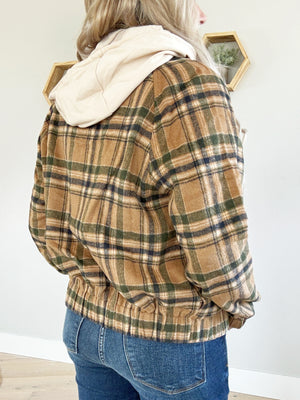 Never Lonely Plaid Hooded Jacket in Olive