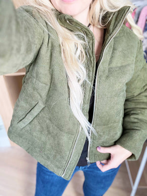 Wherever You Go Corduroy Puffer Jacket in Olive