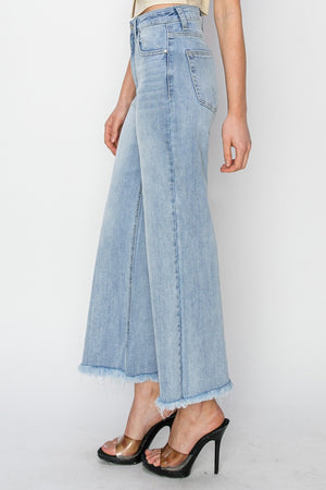 Risen High Rise Crop Wide Fray Hem Jeans