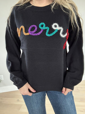 Merry Tinsel Metallic Letter Sweater in Black Multi