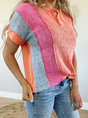 Reputation Lace Color Block Button Front Top in Coral