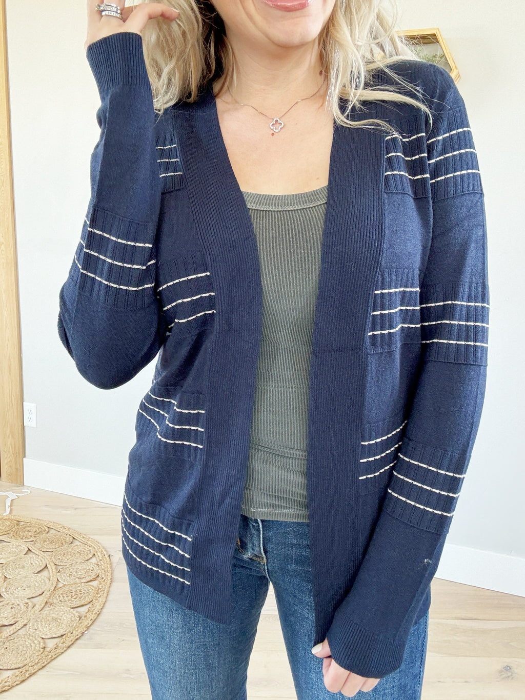 Anything's Possible Stitched Striped Open Cardigan in Midnight