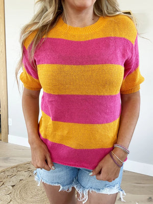 Color Block Round Neck Short Sleeve Knit Top (Pink Label)