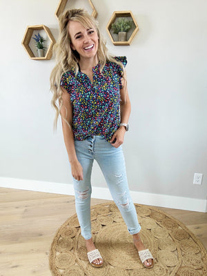 No Boundaries Printed Button Down Blouse in Navy